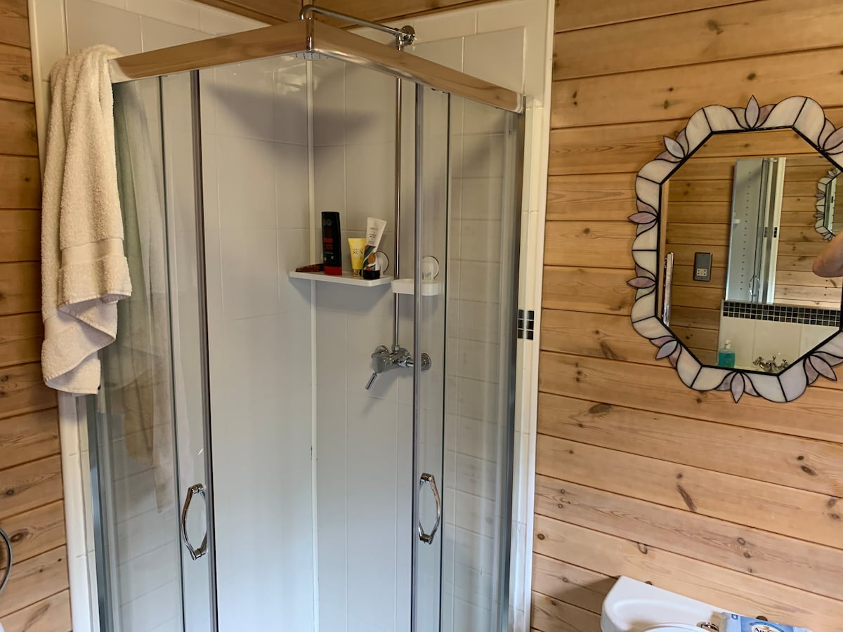 Shower room with glass enclosure, mosaic-framed mirror and pine-panelled walls