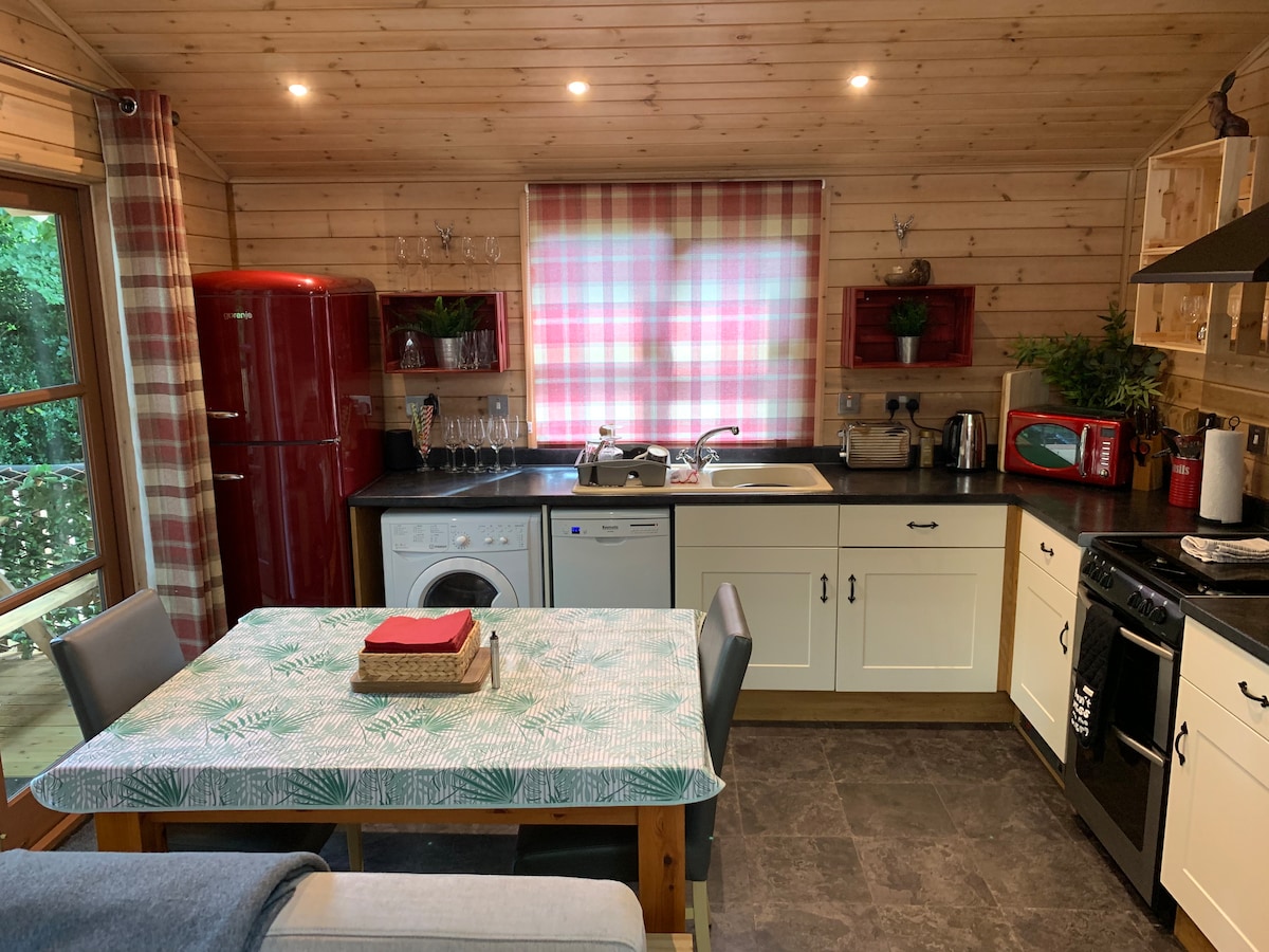 Kitchen and dining area with retro red Smeg fridge, gas range and dining table