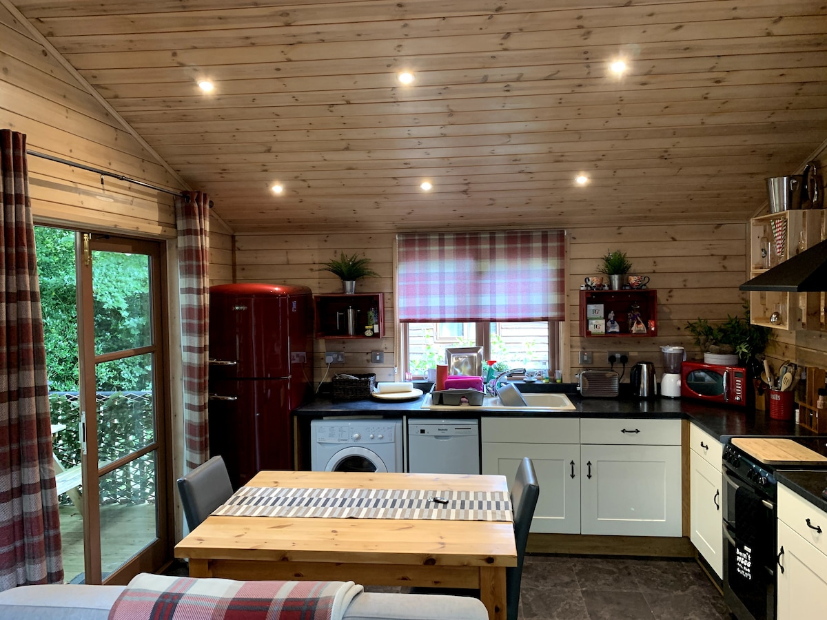Kitchen and dining area with red Smeg fridge, dining table and deck door