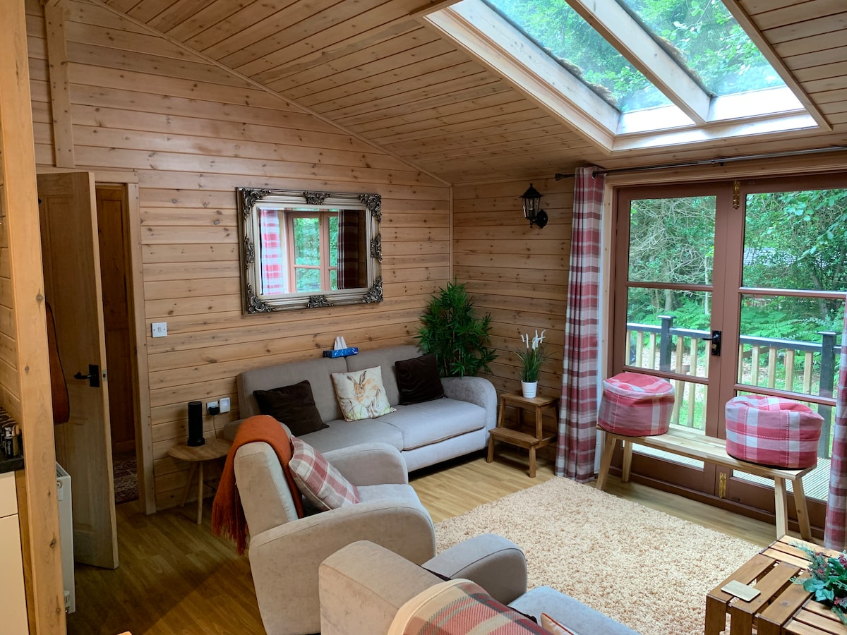 Airy living room with vaulted skylight ceiling, ornate mirror and doors to the deck