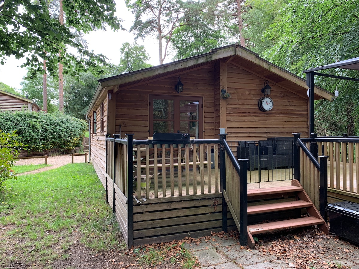 Log cabin exterior with raised timber deck, steps and lantern lights