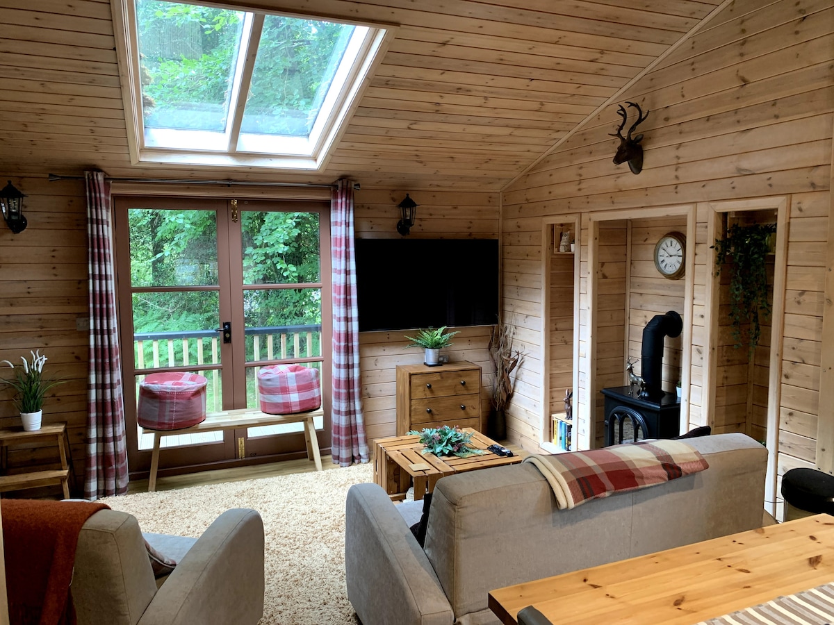Living room with wall-mounted TV, wood-burning stove and large skylight
