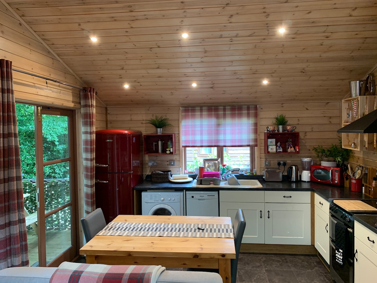 Kitchen and dining area with red Smeg fridge, deck doors and tartan blind