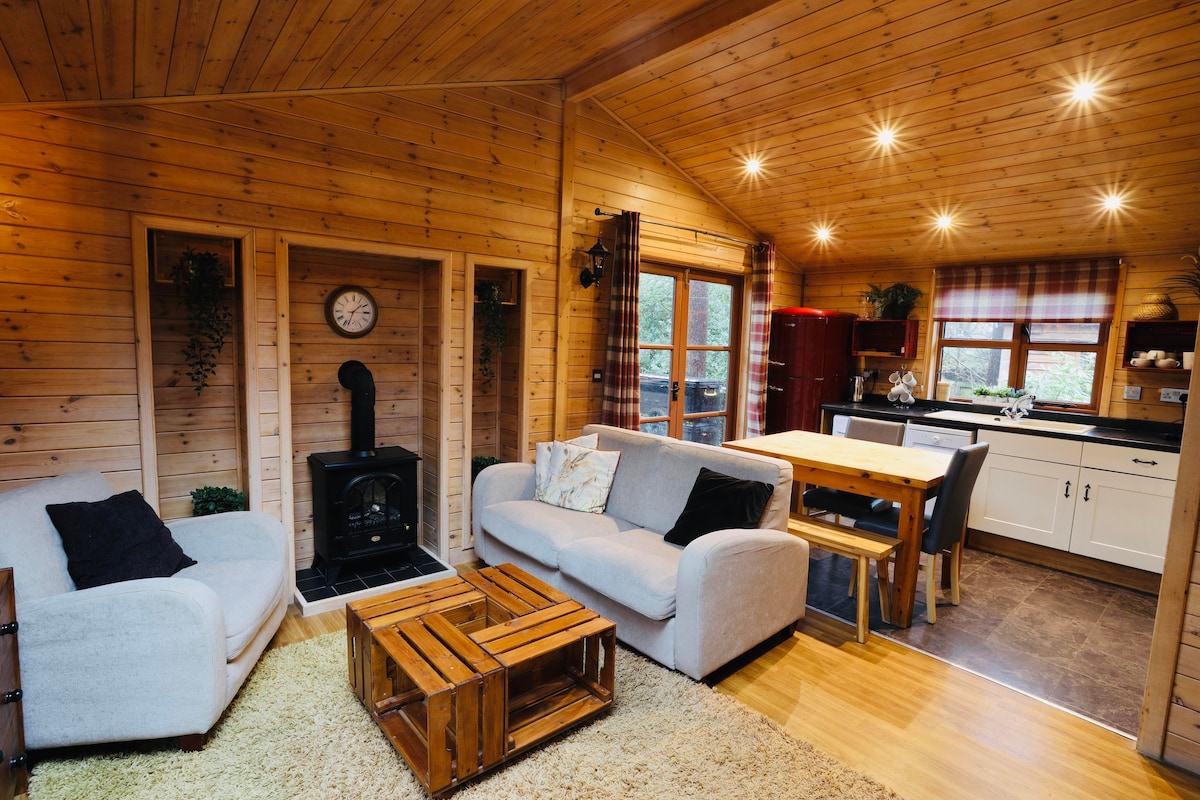 Open-plan living and kitchen area with sofas, wood-burning stove and dining table